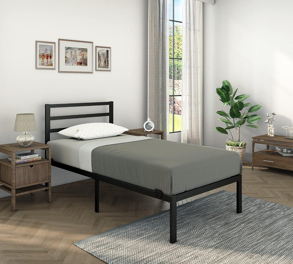 Golden Gate Beds Metal Platform Bed Frame with Headboard, Heavy Duty Steel Slats, No Box Spring Required, Noise-Free, Easy Assembly, Minimalist Design with Under-Bed Storage - Twin size, Black Finish