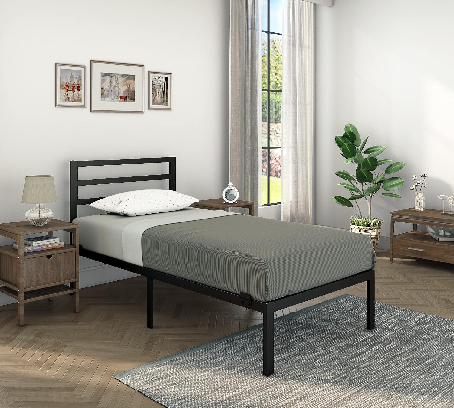 Golden Gate Beds Metal Platform Bed Frame with Headboard, Heavy Duty Steel Slats, No Box Spring Required, Noise-Free, Easy Assembly, Minimalist Design with Under-Bed Storage - Twin size, Black Finish