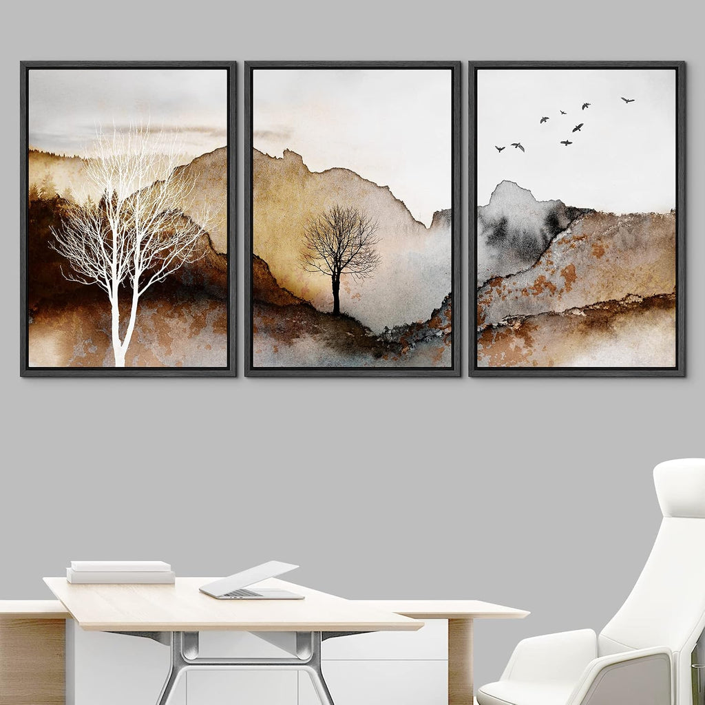 NWT Framed Canvas Print Wall Art Set Pastel Watercolor Gold Mountain Forest Nature Wilderness Illustrations Modern Art Decorative Landscape Rustic for Living Room, Bedroom, Office - 24'x36'x3 Black