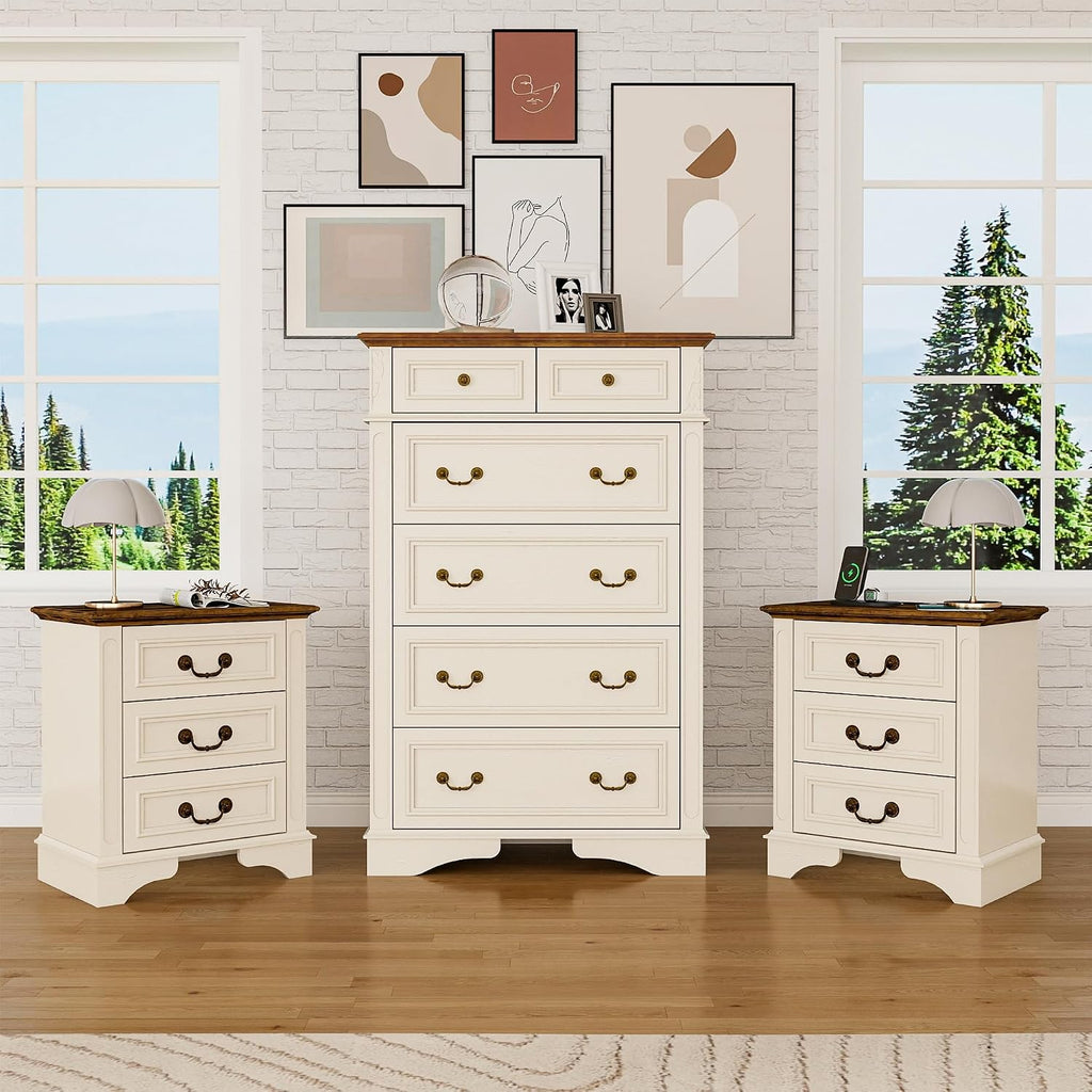 Farmhouse Dresser and Nightstand Sets, 6-Drawer Dresser & 3 Drawer Nightstand Sets, 3 Pieces Rustic Wood Bedroom Furniture Set for Home, Bedroom, Hallway(White)