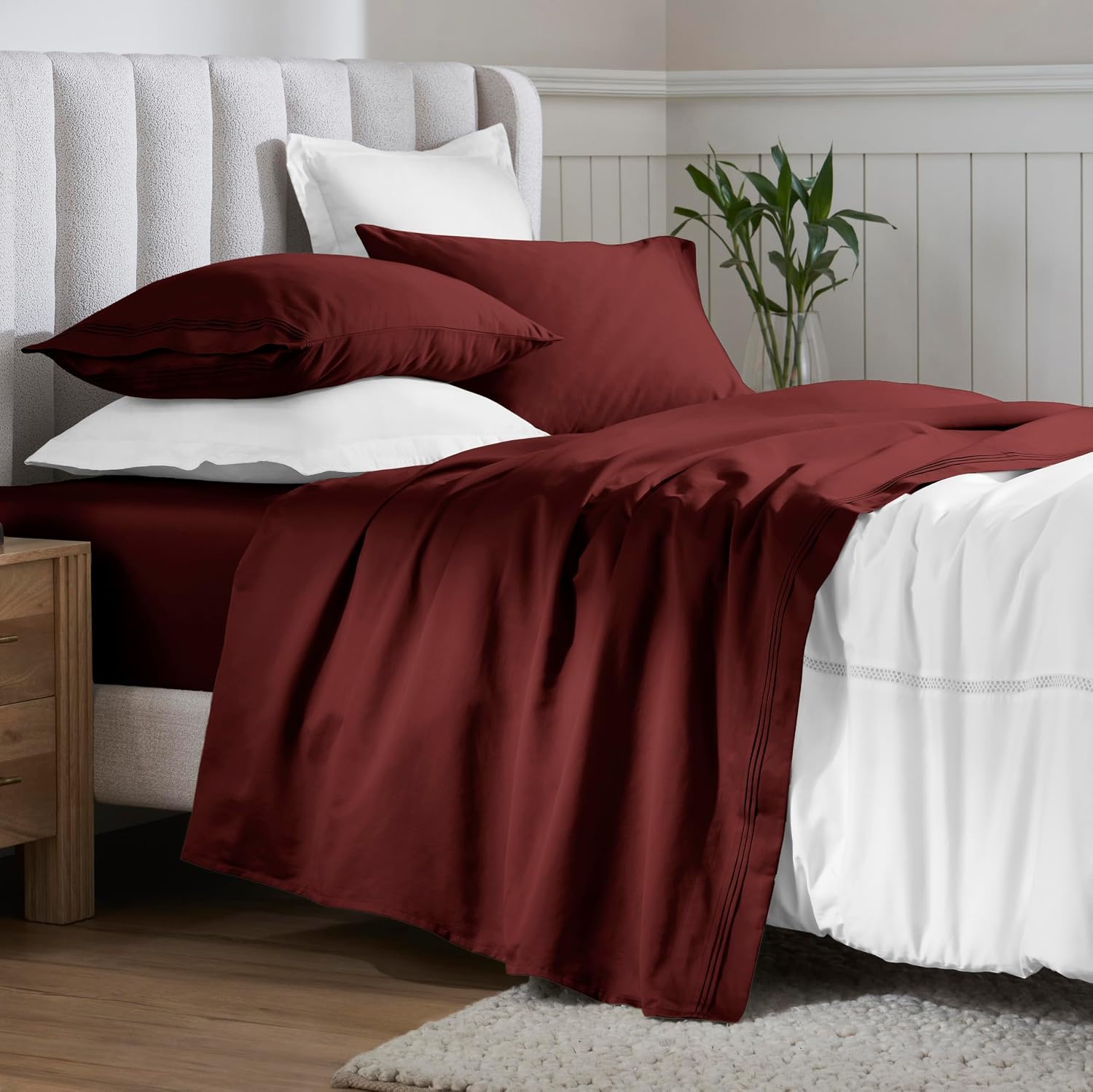 Superior Egyptian Cotton 4 Piece Sheet Set, 650 Thread Count, Modern Design, Sustainable Sheets, Ultra-Soft Basics, Solid, Deep Pocket Fitted Sheet, Flat Sheet, Pillowcases, King, Burgundy