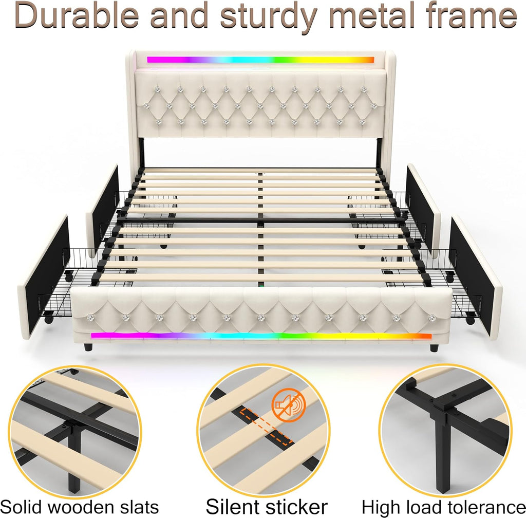Juego 5-in-1 Full Bed Frame with Bluetooth Speakers,LED Light,Charging Station,4 Drawers Storage,Wooden Slats Support,Modern Velvet Upholstered Platform Bed with Headboard,No Box Spring Needed,Beige