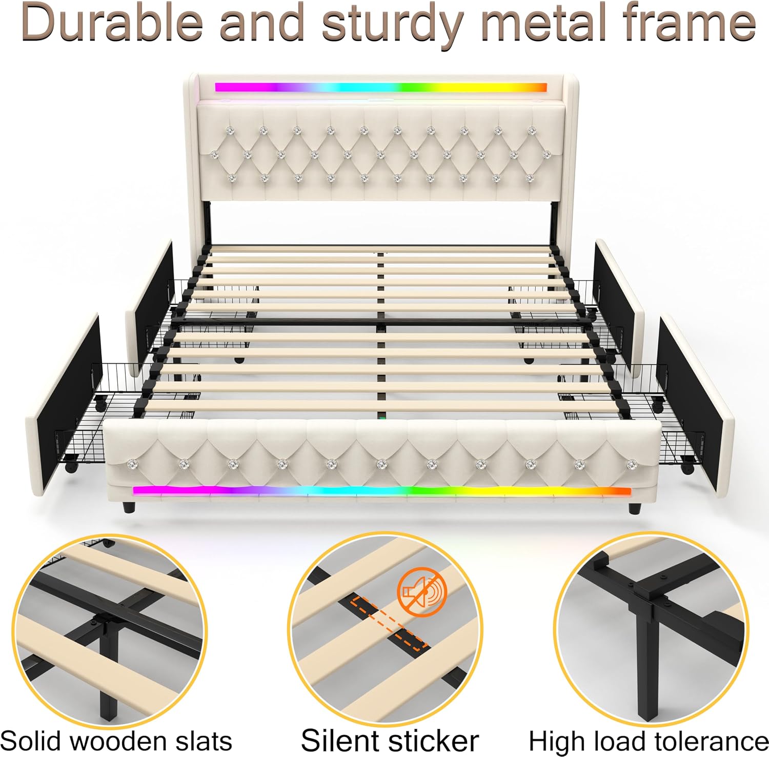 Juego 5-in-1 Full Bed Frame with Bluetooth Speakers,LED Light,Charging Station,4 Drawers Storage,Wooden Slats Support,Modern Velvet Upholstered Platform Bed with Headboard,No Box Spring Needed,Beige