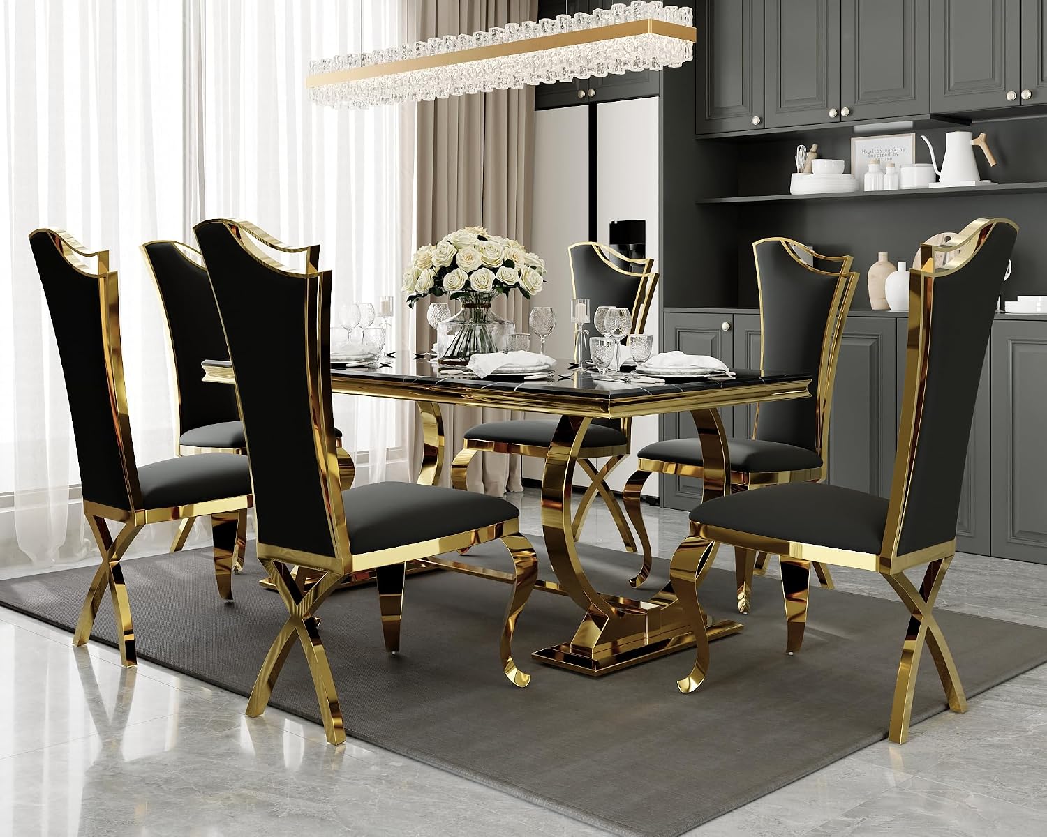 ACEDÉCOR 5 Piece Dining Table Set, Modern Dining Room Table with Gold Stainless Steel Metal U-Base, 4 Black Velvet Dining Chairs with Gold Legs(1 Table + 4 Black Velvet Dining Chairs)