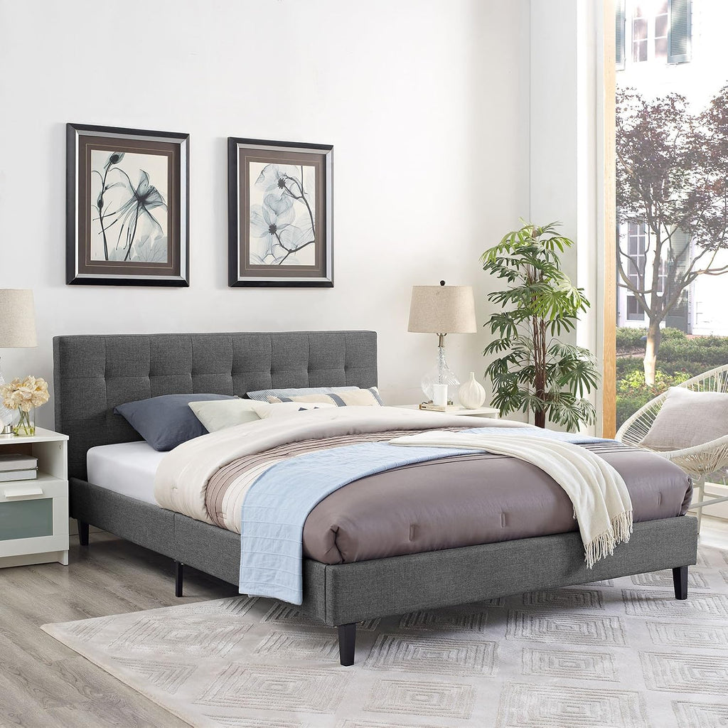 Modway Linnea Upholstered Gray Queen Platform Bed with Wood Slat Support