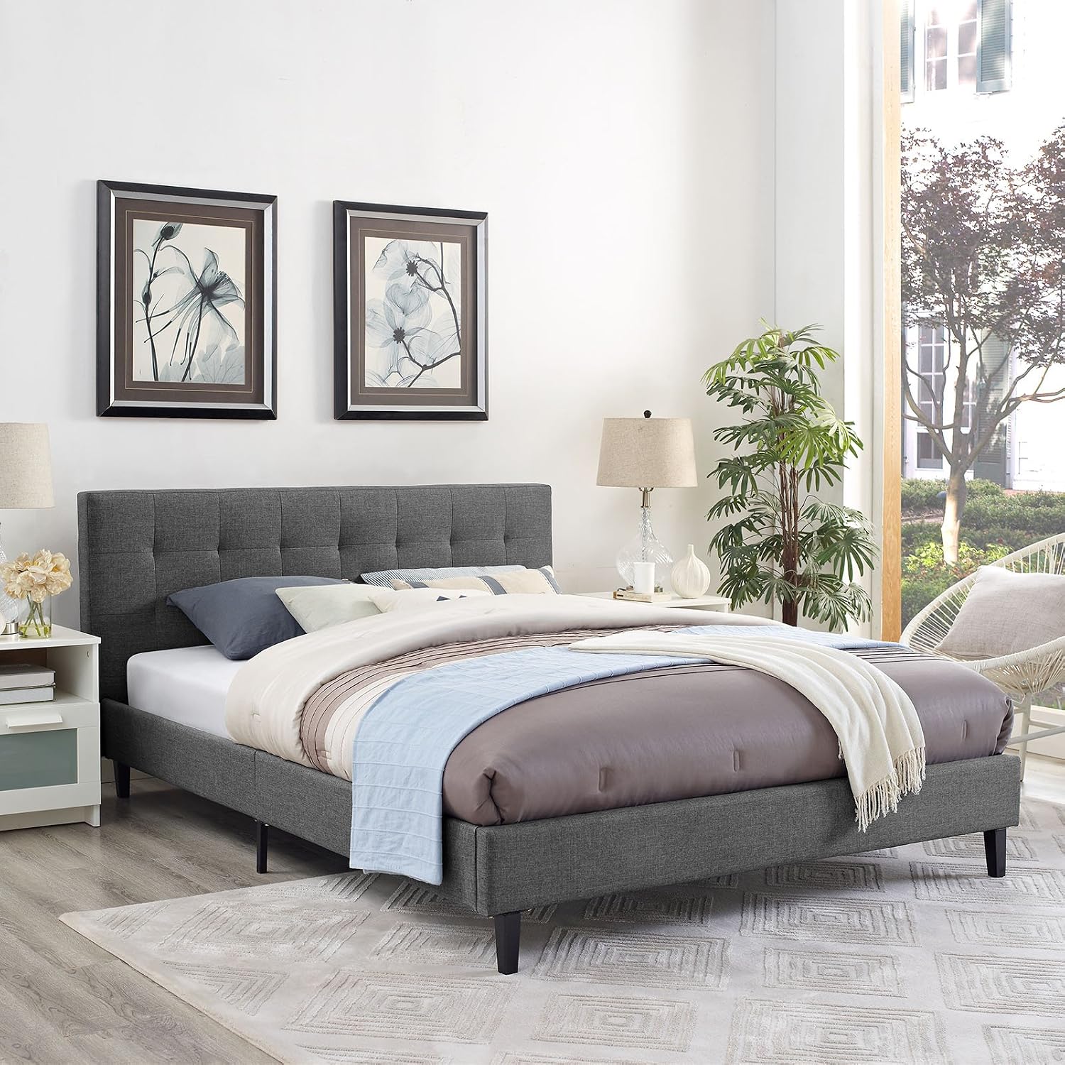 Modway Linnea Upholstered Gray Queen Platform Bed with Wood Slat Support