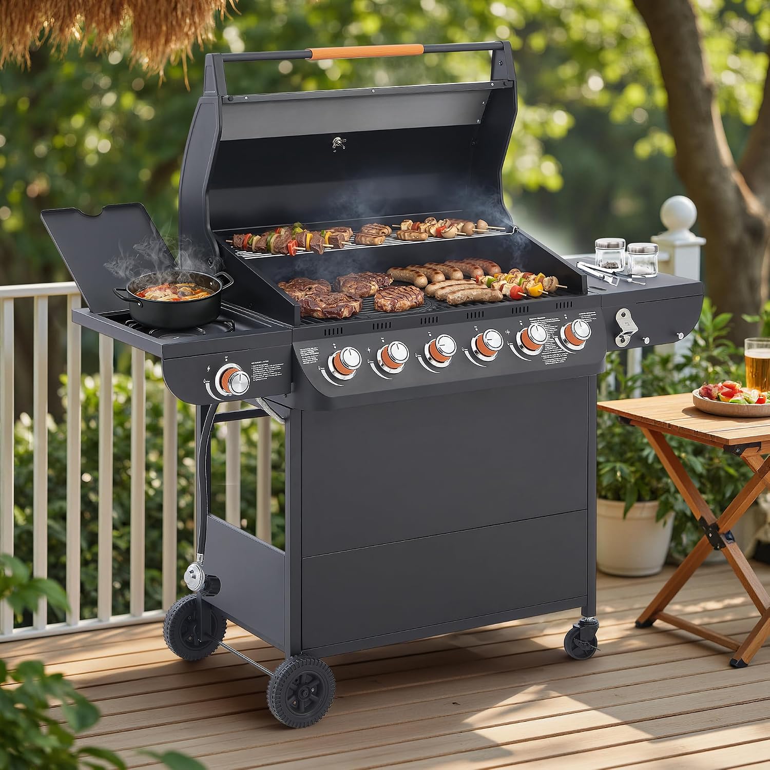 Black 6 Burner Propane Gas BBQ Grill with Side Burner, 72000 BTU Output Stainless Steel Barbecue Grill with Cast Iron Grates and Side Tables for Outdoor Cooking Patio Backyard (6+1 Cast Iron Grate)
