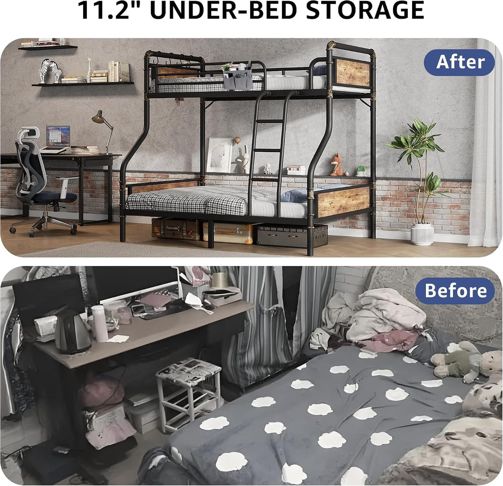 Jocoevol Metal Bunk Bed Twin Over Full, Industrial Bunkbeds Heavy Duty Bed with Safety Guard Rails and Space-Saving Design, Steel Bed for School, Bedroom (Vintage Brown)