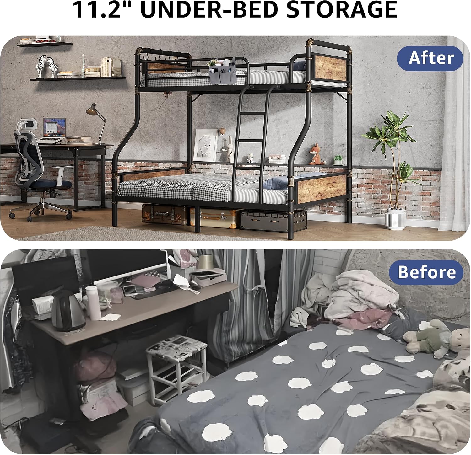 Jocoevol Metal Bunk Bed Twin Over Full, Industrial Bunkbeds Heavy Duty Bed with Safety Guard Rails and Space-Saving Design, Steel Bed for School, Bedroom (Vintage Brown)