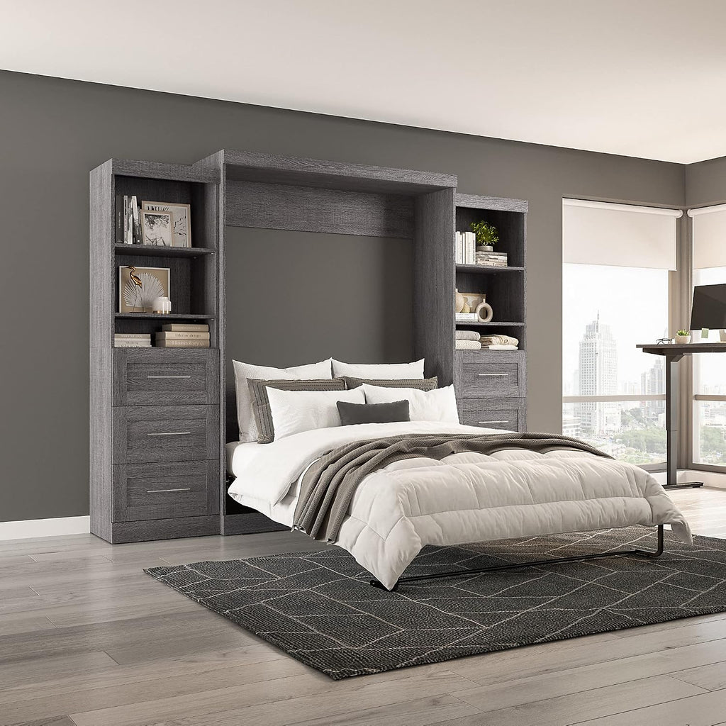 Bestar Pur Queen Murphy Bed and 2 Shelving Units with Drawers, 115-inch Space-Saving Sleeping Arrangement in Bark Grey