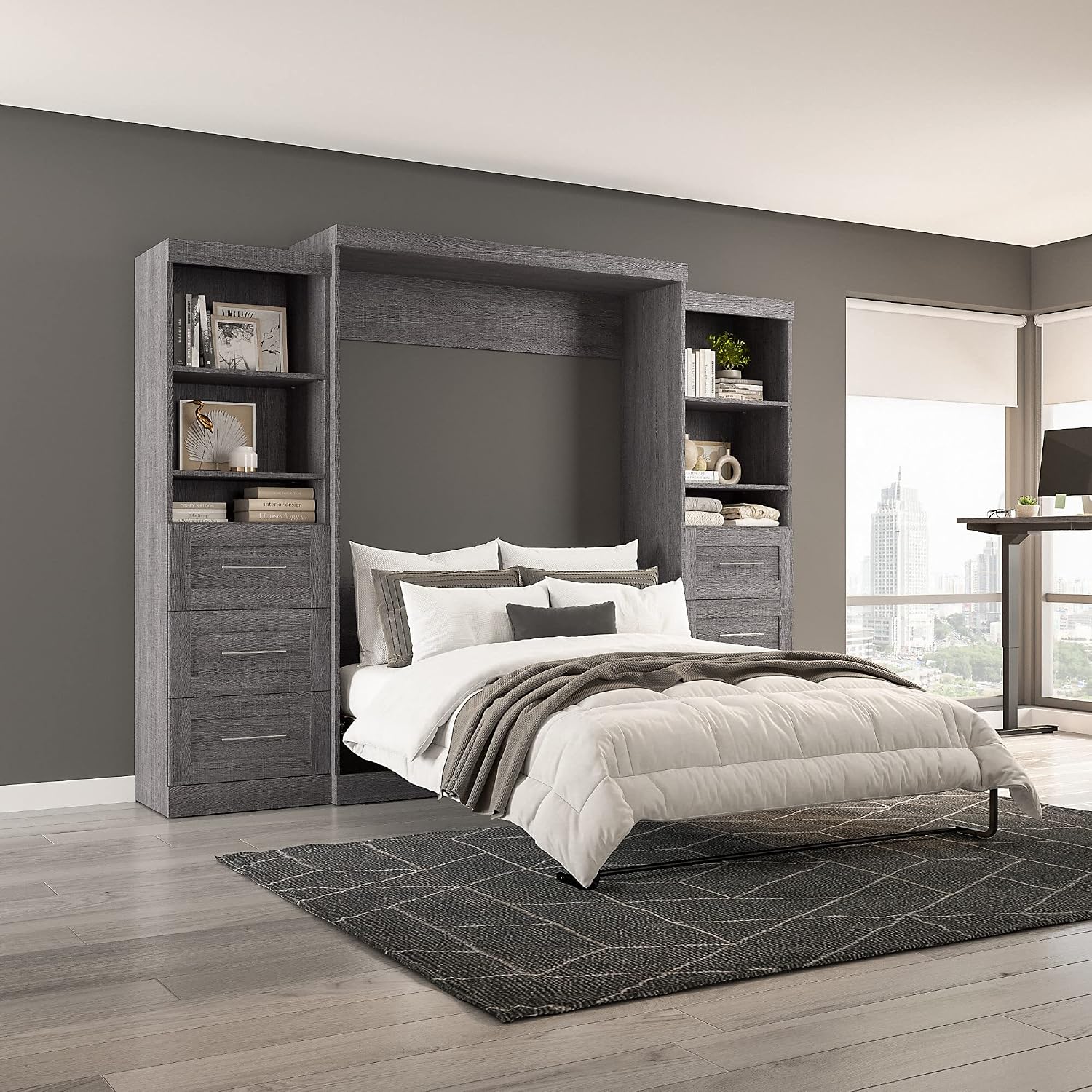 Bestar Pur Queen Murphy Bed and 2 Shelving Units with Drawers, 115-inch Space-Saving Sleeping Arrangement in Bark Grey