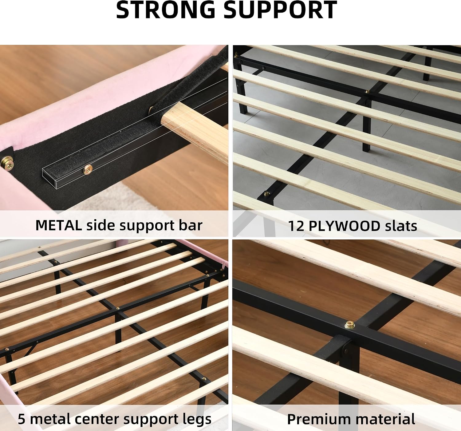 VELOCAVA Pink Bed Frame Queen Size, Heavy Duty Upholstered Bed with Unique Headboard, Soft Velvet Platform Bed with Strong Wooden Slats Support, No Box Spring Needed, Easy to Assemble