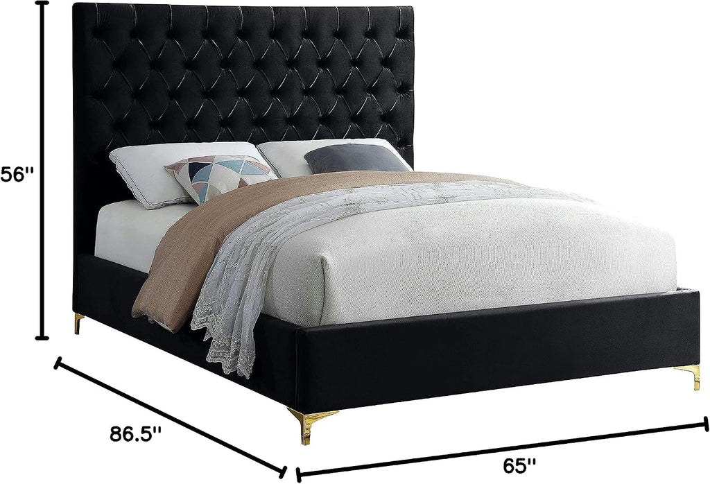 Meridian Furniture Cruz Collection Modern | Contemporary Velvet Upholstered Bed with Deep Button Tufting and Complete Sets of Gold and Chrome Legs Included, Queen, Black