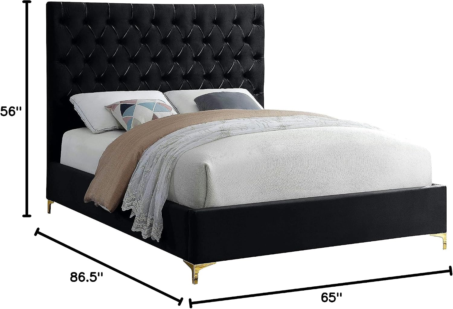 Meridian Furniture Cruz Collection Modern | Contemporary Velvet Upholstered Bed with Deep Button Tufting and Complete Sets of Gold and Chrome Legs Included, Queen, Black