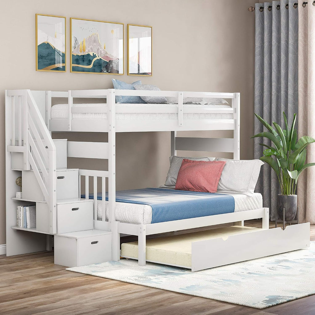 Harper & Bright Designs Stairway Twin Over Full Bunk Bed with Twin Size Trundle and Drawers, Solid Wood Bunk Bed Staircase Can be Placed on The Left or Right Side (White)