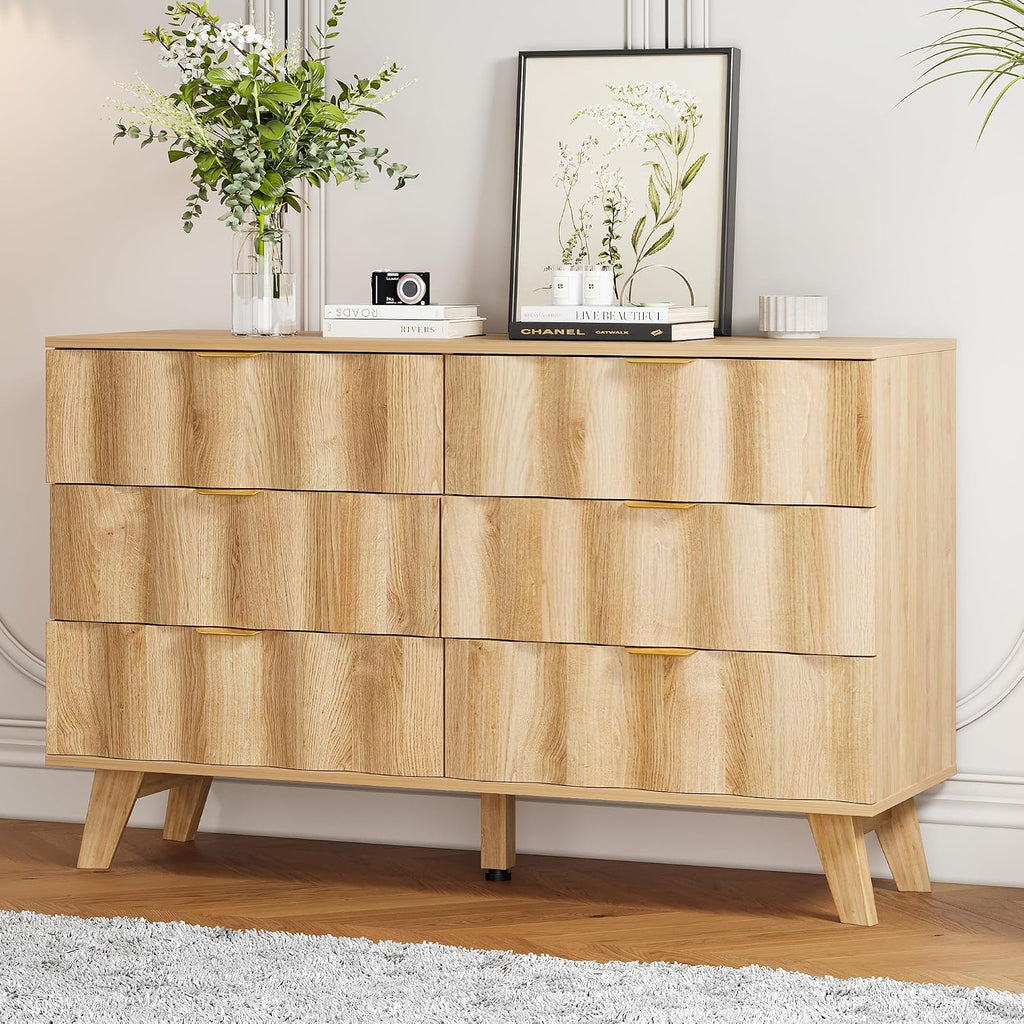 6 Drawer Dresser, Modern Fluted Storage Dresser with Deep Drawers and Metal Handles, Wood Chest of Drawers Storage Organizer for Bedroom, Living Room, Hallway (Natural)