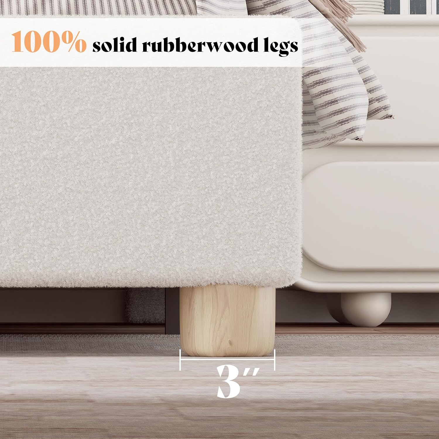 AMERLIFE King Size Upholstered Boucle Bed Frame, Soft Cloud Platform Bed with Adjustable Headboard, Modern Design, Rounded Corners, Rubberwood Legs, No Box Spring Needed, Easy Assembly, Cream