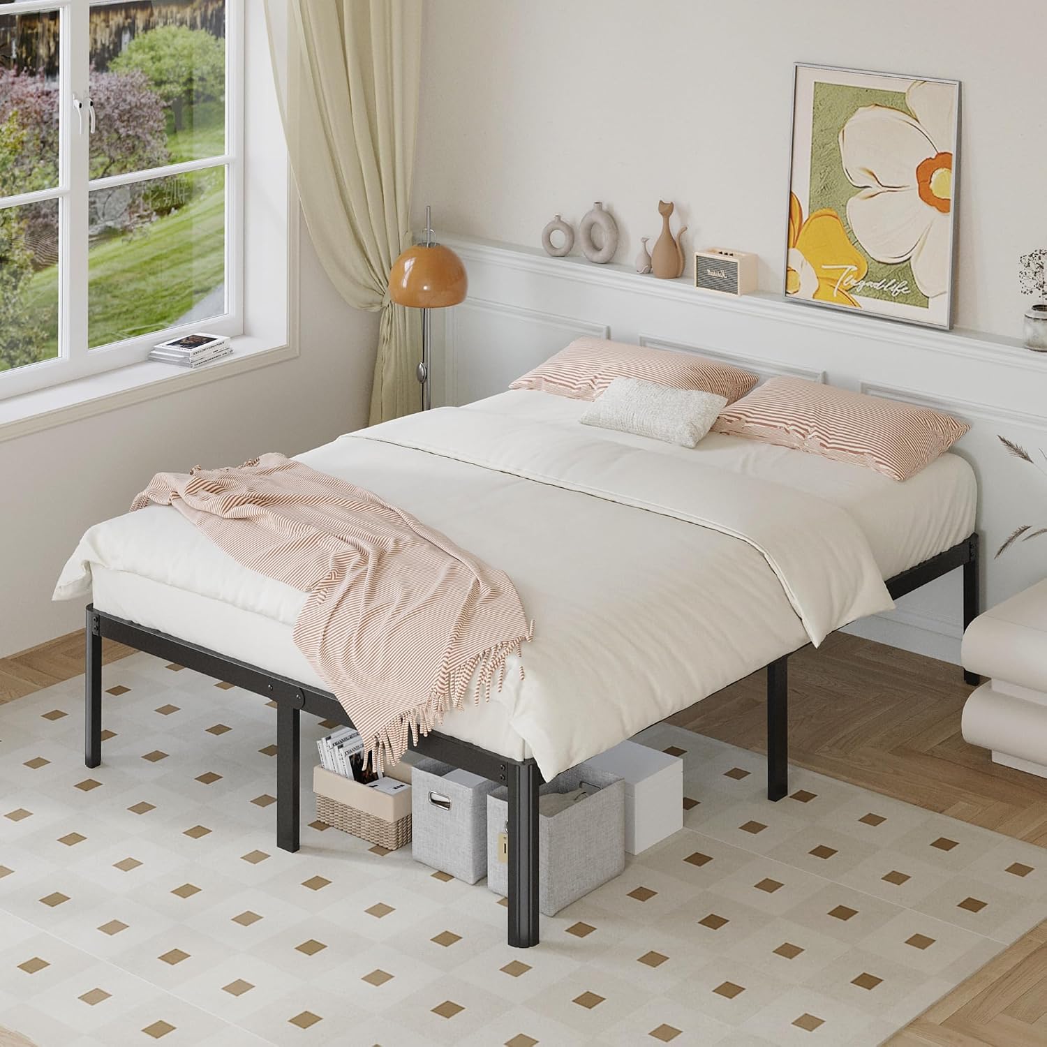 Yicensen 14 Inch Full XL Bed Frame No Box Spring Needed Heavy Duty Metal Full XL Platform Bed Frame with Rounded Corner Legs, Easy Assembly, Noise Free, Black