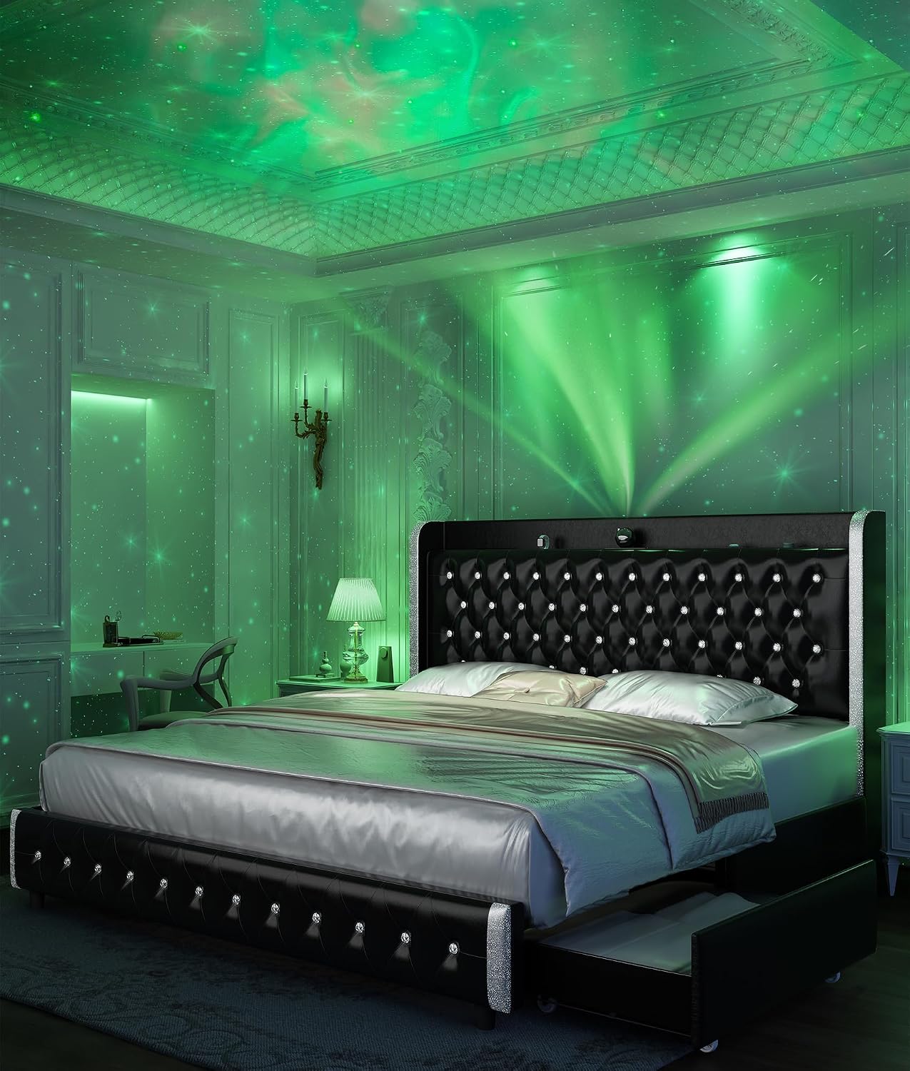 GEGOFORU Queen Bed Frame with LED Lights & Galaxy Projector, Modern Wingback Platform with 4 Storage Drawers, USB Ports, Noise-Free Solid Wood Slats, No Box Spring Needed, PU Black