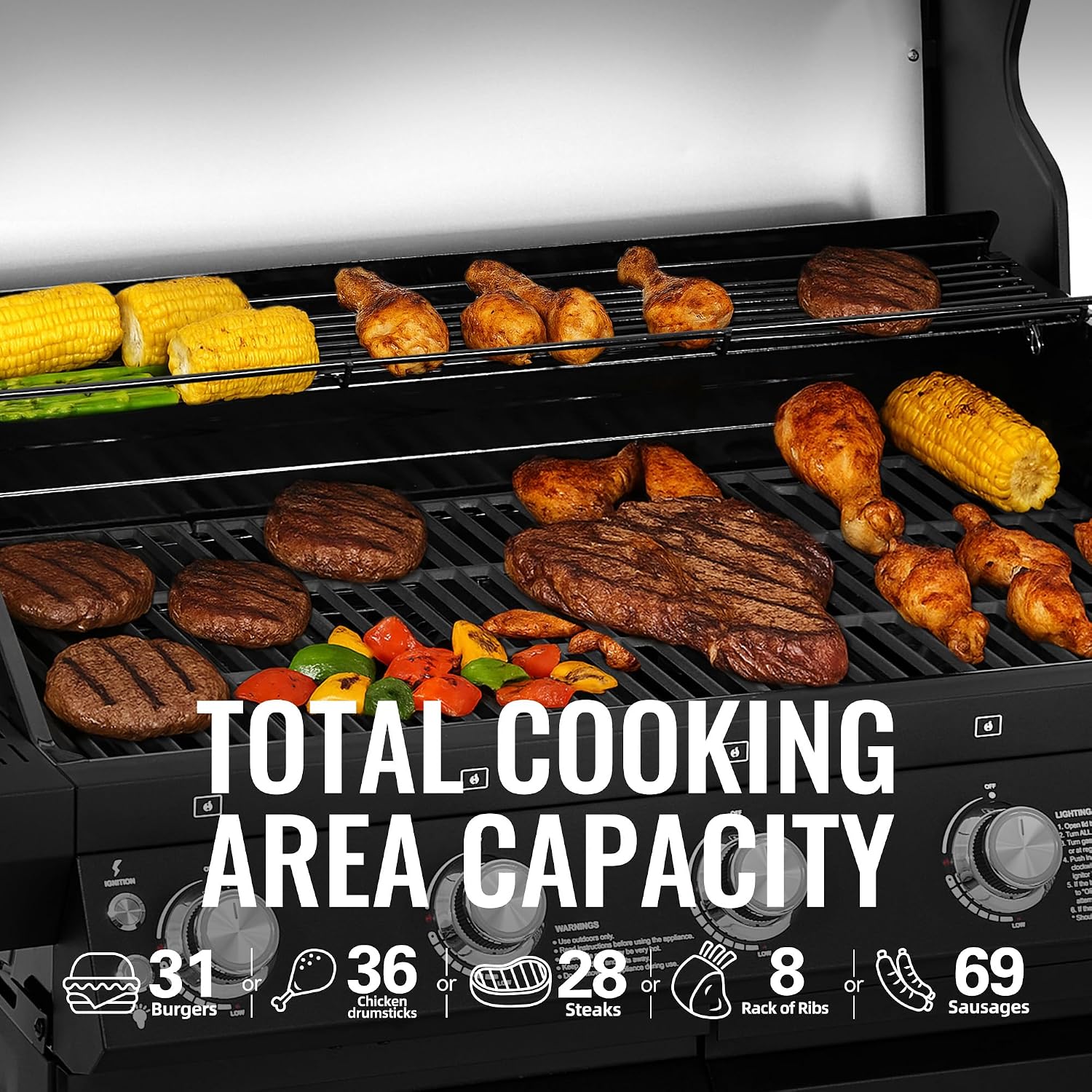 GEA5001H 5-Burner Gas Grill With Infrared Side Burner, Bilateral Stainless Steel Side Shelf With Hook, Cabinet Style Grill for Outdoor Grilling and Backyard Cooking, Black