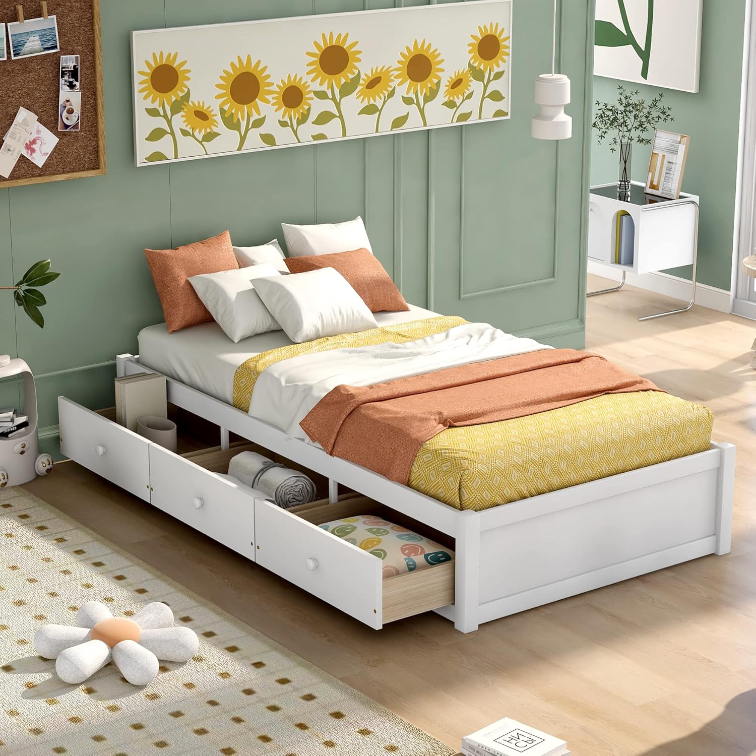 SOFTSEA Twin Size Daybed with 6 Storage Drawers, Wood Twin Platform Bed Frame with Storage and Wood Slat Support, No Box Spring Needed, (White)