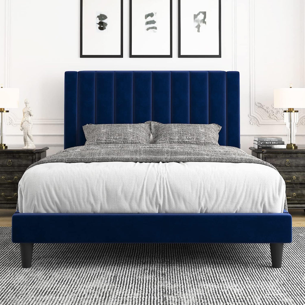 Allewie Full Platform Bed Frame/Velvet Upholstered Bed Frame with Vertical Channel Tufted Headboard/Strong Wooden Slats/Mattress Foundation/Box Spring Optional/Easy Assembly/Navy Blue