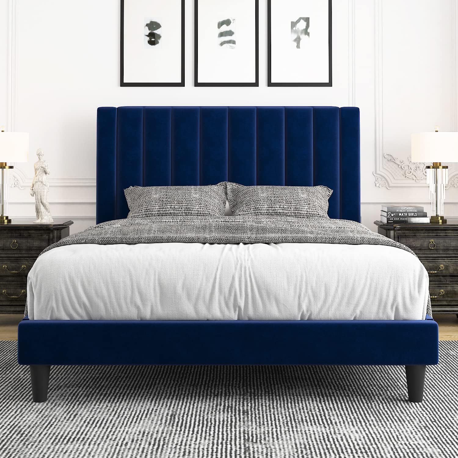 Allewie Full Platform Bed Frame/Velvet Upholstered Bed Frame with Vertical Channel Tufted Headboard/Strong Wooden Slats/Mattress Foundation/Box Spring Optional/Easy Assembly/Navy Blue