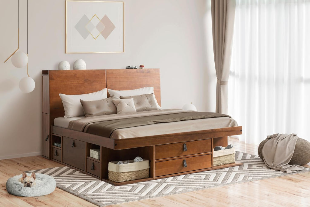memomad Bali Set: Storage Platform Bed with Drawers + Bookcase Headboard (Full Size, Caramel Brown Wood)