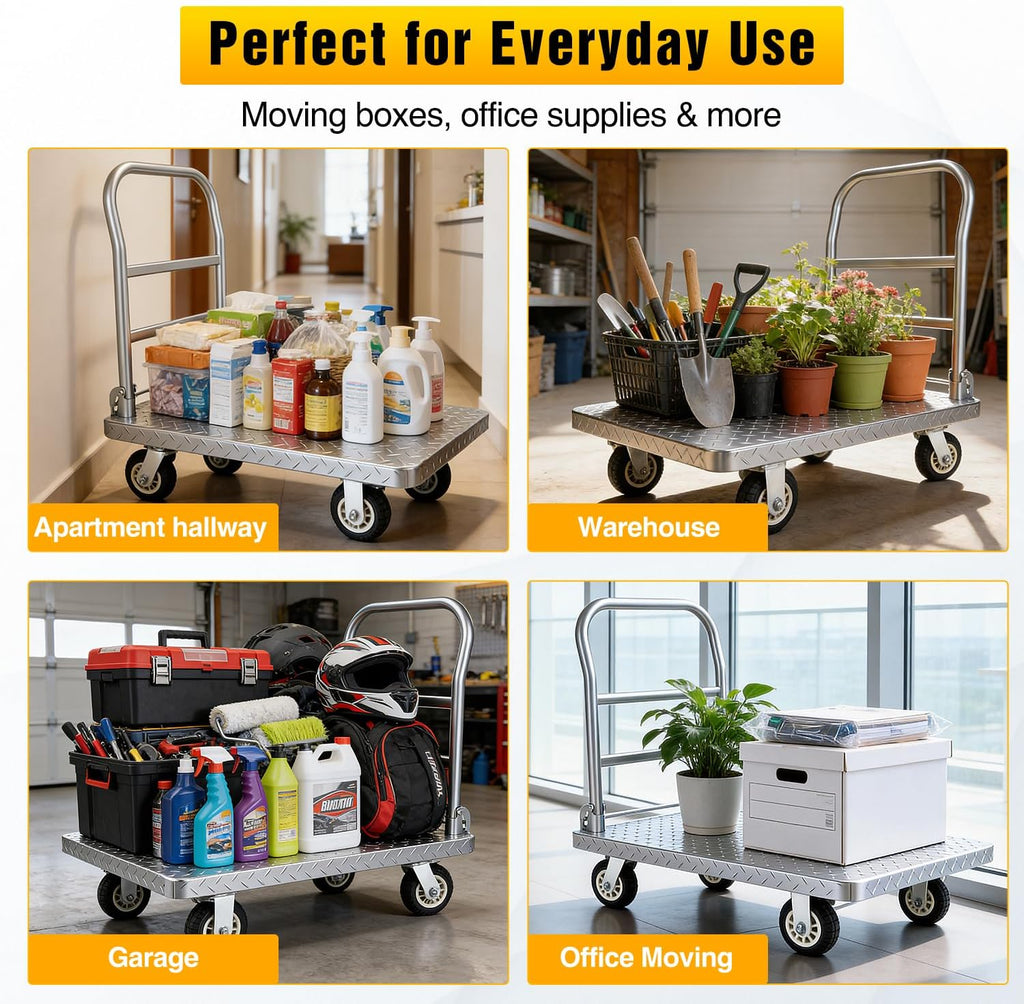 Stainless Steel Platform Cart, 1320 lbs Capacity Heavy Duty Push Cart Dolly with 5-Inch Rubber Silent Wheels, 35.4 x 23.6 Inch Flatbed Cart for Industrial & Warehouse Use, Black