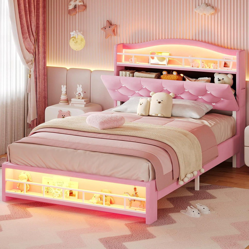 BTHFST Twin Szie Girls Bed with LED Lights & Charging Station, Princess Twin Size Bed Frame with Hidden Storage Headborad, Sturdy Platform Bed, No Box Spring Needed/Noise-Free/Easy Assembly, Pink