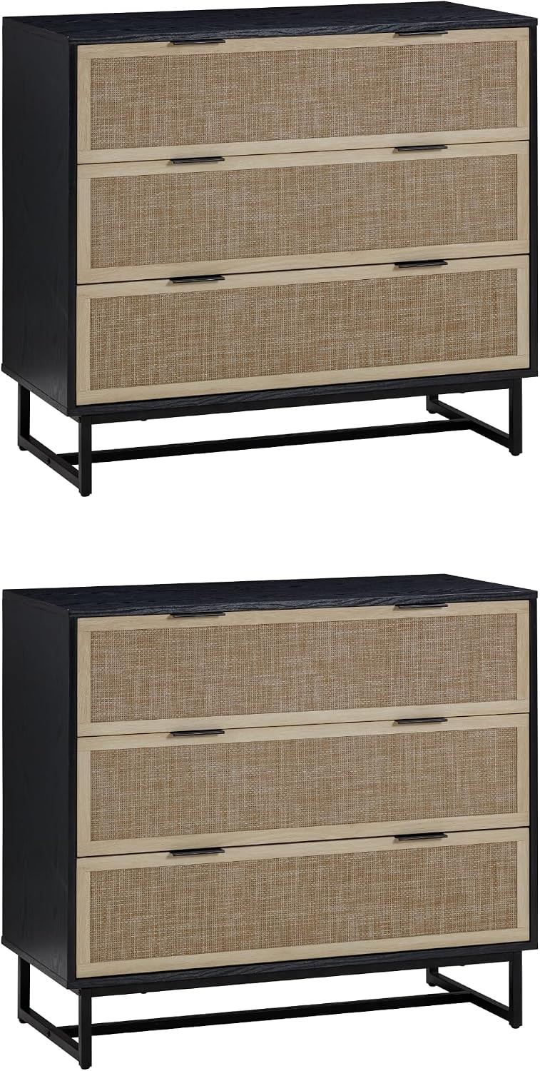 Nathan James Kova Boho Dresser or Storage Cabinet with Drawers for Bedroom or Nursery with Textilene Rattan Accent and Metal Legs, Black Oak, Set of 2