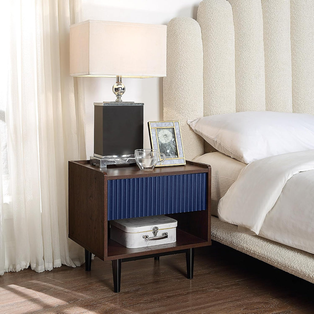Manhattan Comfort Duane Fluted Nightstand with Full Extension Drawer and Open Shelf, Steel Legs, Bedside Table, Industrial Chic Accent Table for Living Room, Entryway and Bedroom in Navy Blue