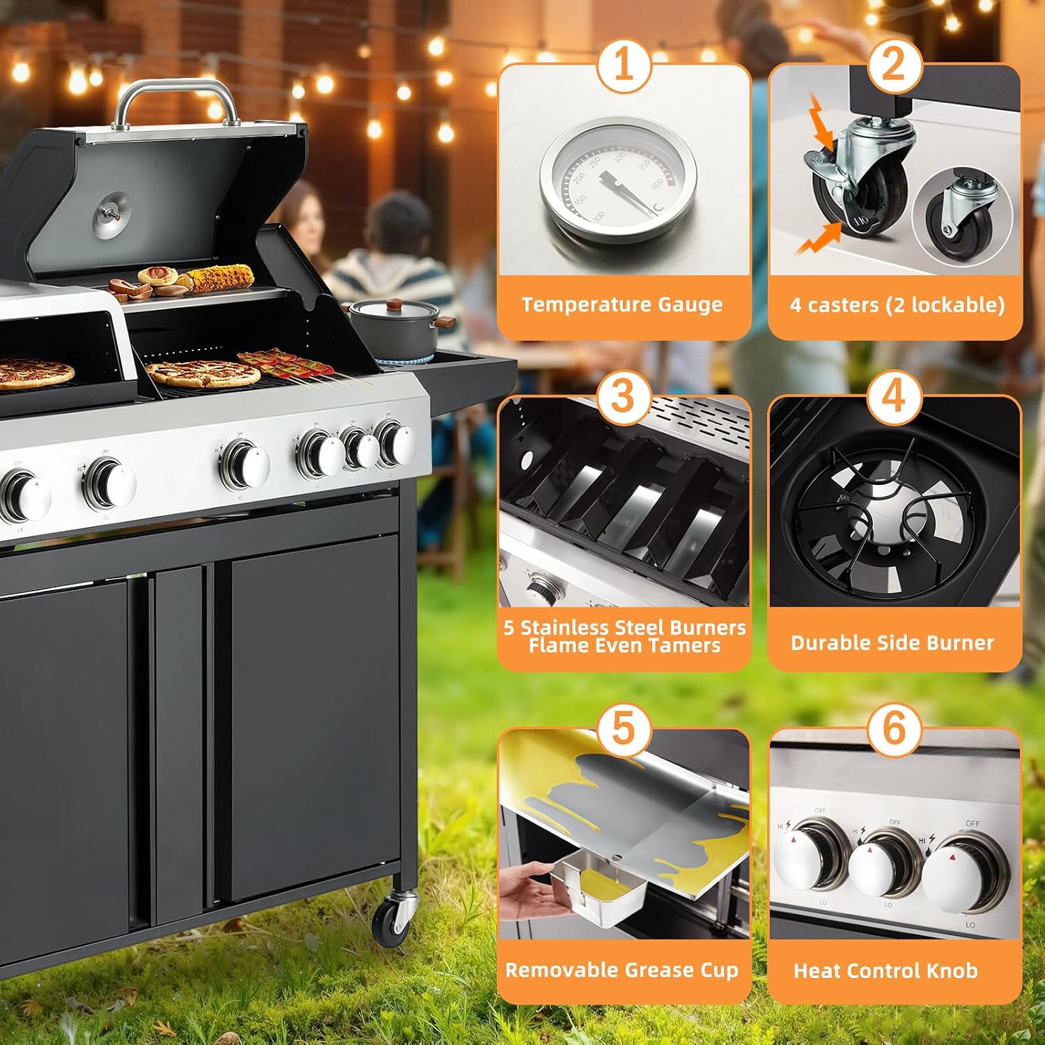 MELLCOM 3 IN 1 Pizza Griddle Grill Combo, 74,000 BTU 5 Burner Stainless Steel Propane Gas Grill with Side Burner,Pizza Oven, Griddle and Porcelain Enameled Cast Iron Grates for Outdoor Patio Backyard