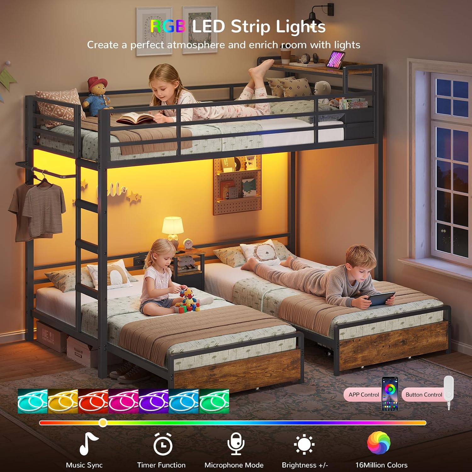 Triple Bunk Bed with Storage Drawers and Bedside Shelf, Twin Over Twin Bunk Bed for Kids/Teens with LED Lights and Charging Station, Heavy Duty Metal Bunk Beds with Safety Guardrail and Ladder, Black