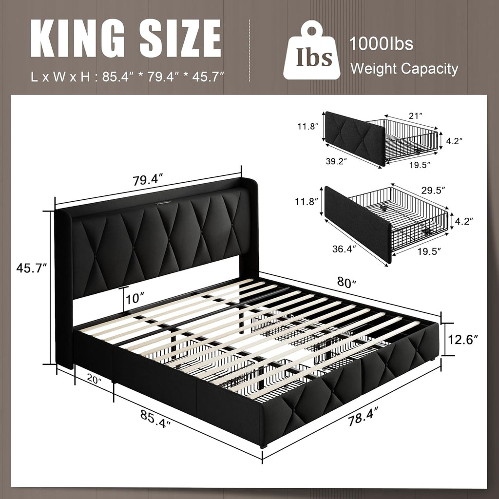 Einhomn King Size Bed Frame with 4 Storage Drawers and Charging Station, Upholstered Platform Bed Frame with Storage Headboard, No Box Spring Needed, Easy Assembly, Black