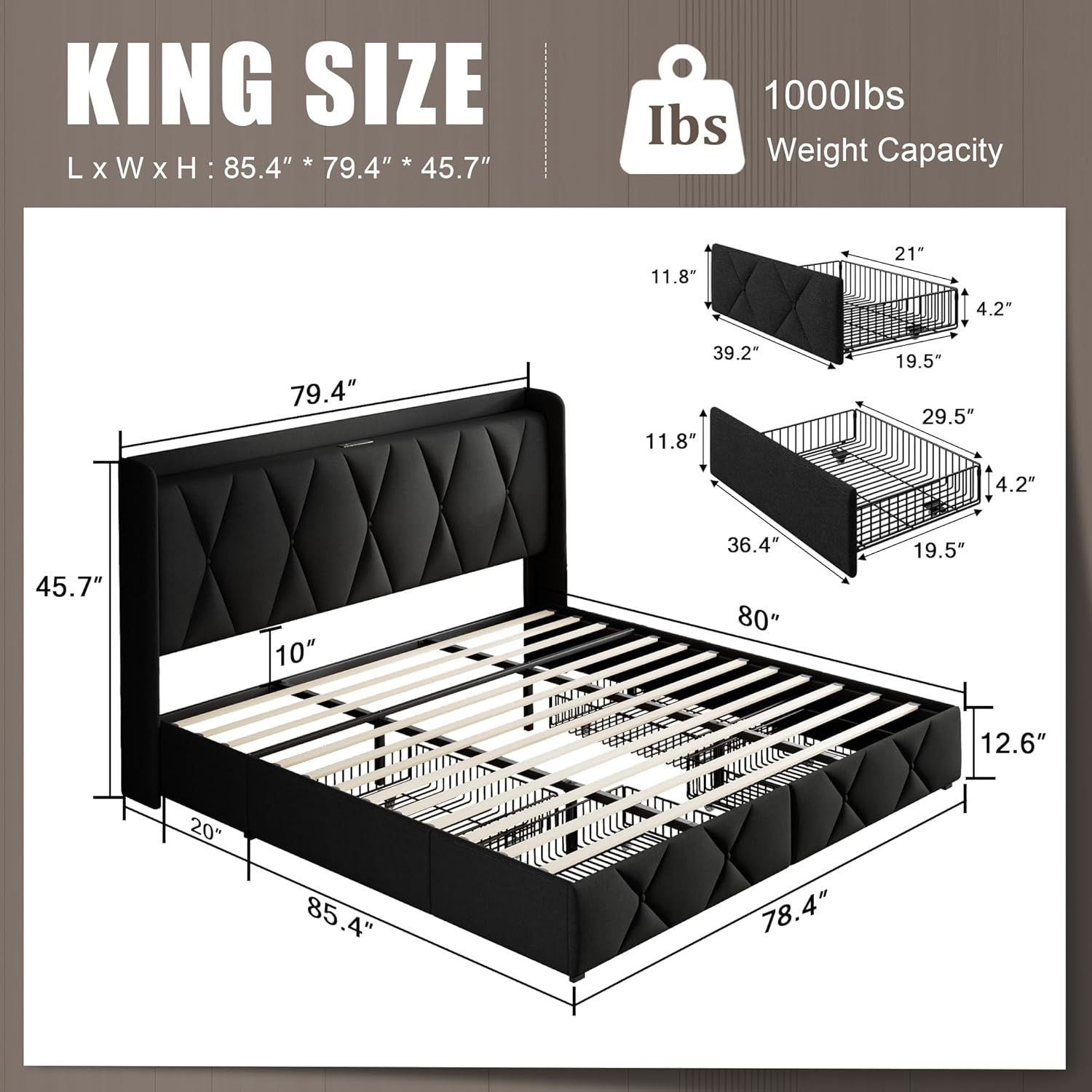 Einhomn King Size Bed Frame with 4 Storage Drawers and Charging Station, Upholstered Platform Bed Frame with Storage Headboard, No Box Spring Needed, Easy Assembly, Black
