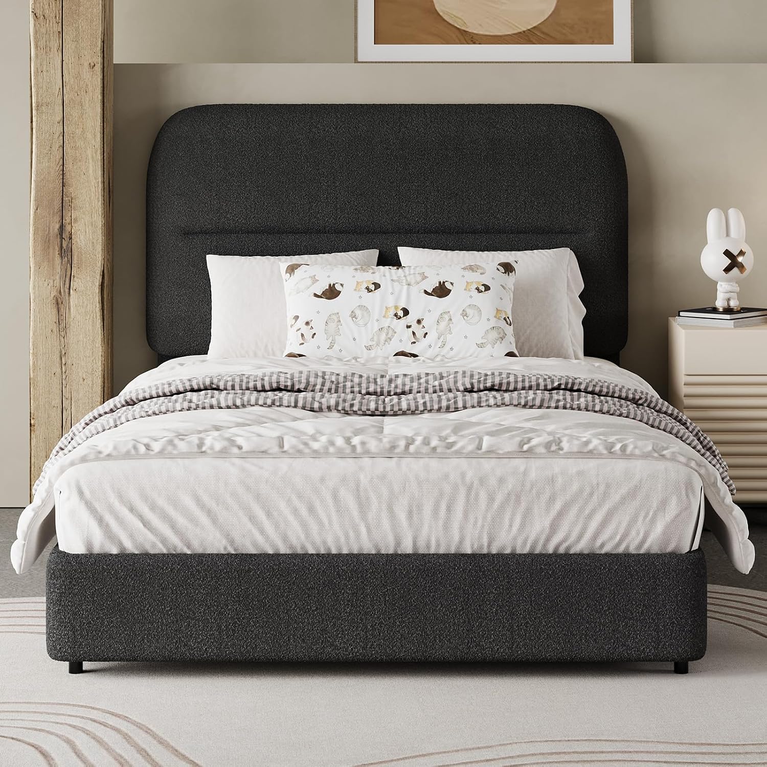 HOMBCK Twin Bed Frames with Headboard, Twin Size Boucle Upholstered Bed Frame for Kids, Soft Rounded Corners, Wooden Slats Support, No Box Spring Required, Easy Assembly, Black