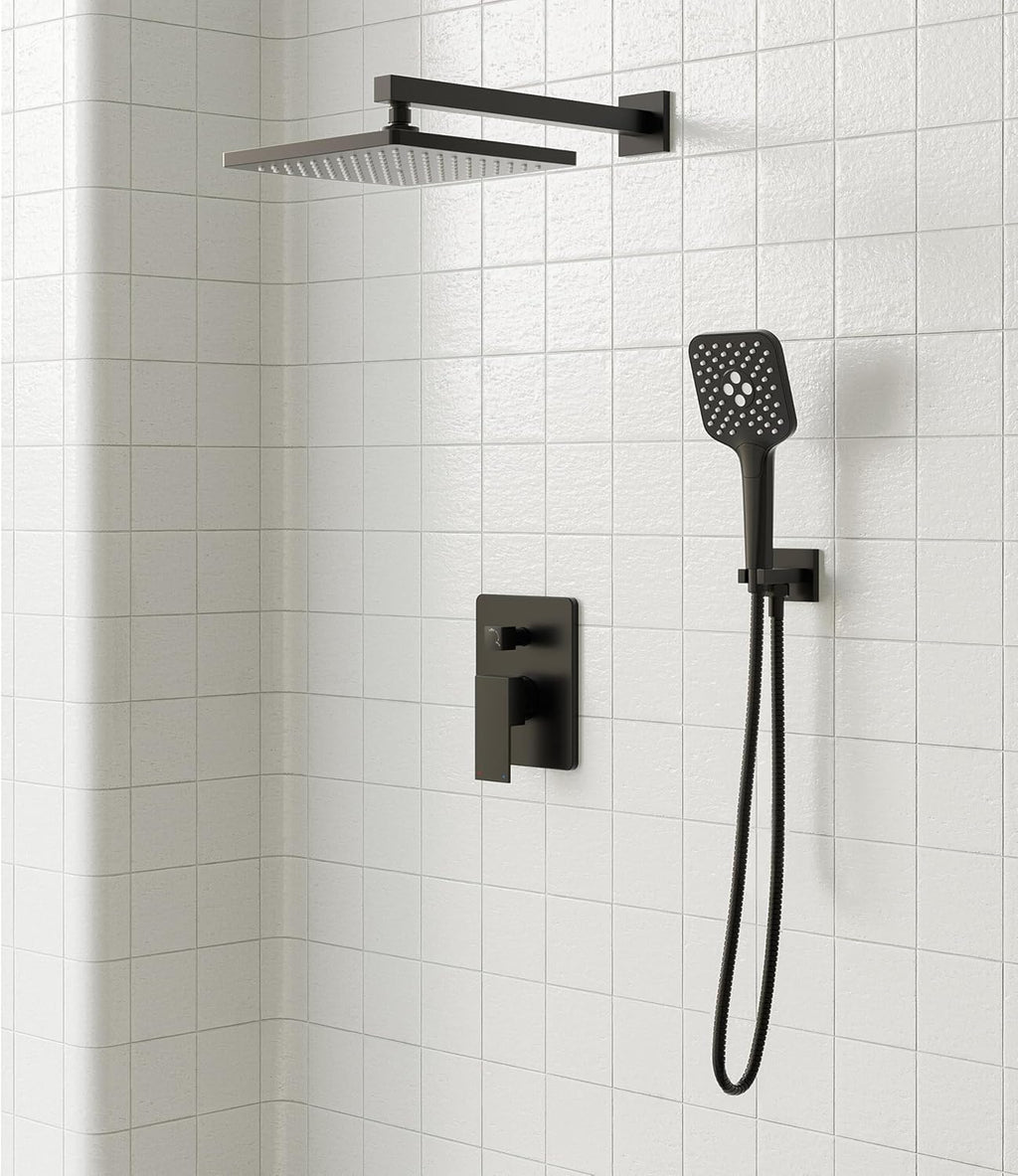 Gabrylly Shower System, 10 Inches Rain Shower Heads with Handheld Spray Combo, Wall Mounted Shower Faucets Sets Complete with Shower Valve Kit, Shower Head and Handle Set, Matte Black