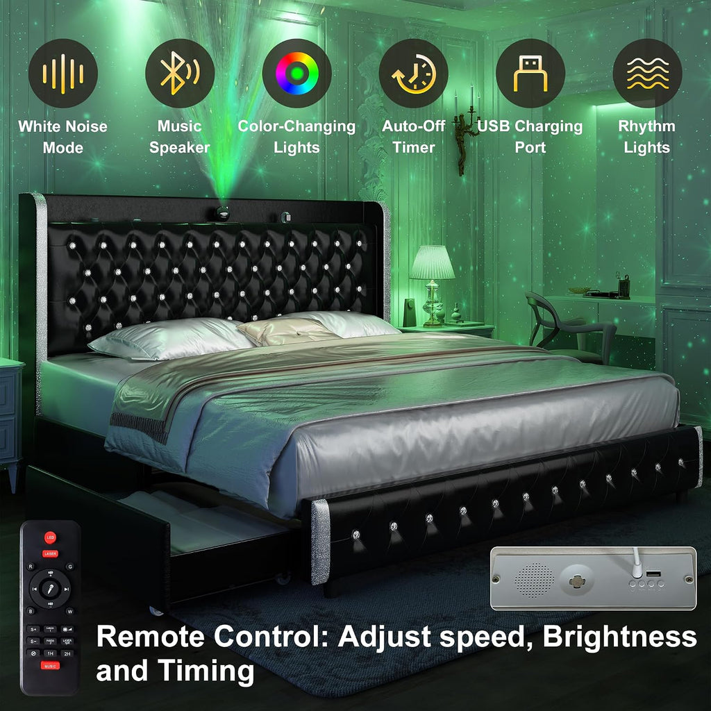 GEGOFORU Queen Bed Frame with LED Lights & Galaxy Projector, Modern Wingback Platform with 4 Storage Drawers, USB Ports, Noise-Free Solid Wood Slats, No Box Spring Needed, PU Black