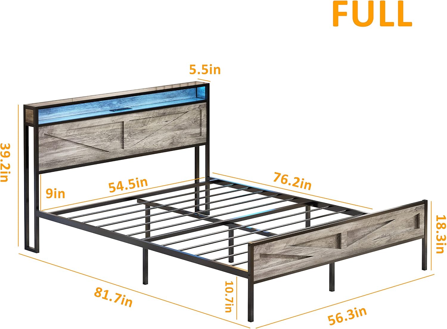 Halitaa LED Full Size Bed Frame with Charging Station, Platform Metal Bed with Headboard Storage & USB Ports Outlets, Farmhouse Bed Frame with Lights for Bedroom, Noise Free, Wash Grey (Full)