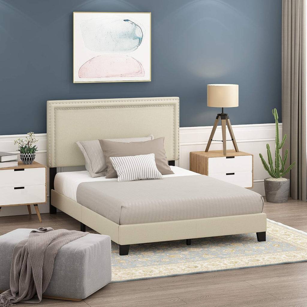 Furinno Laval Double Row Nail Head Upholstered Platform Bed Frame, Full, Linen