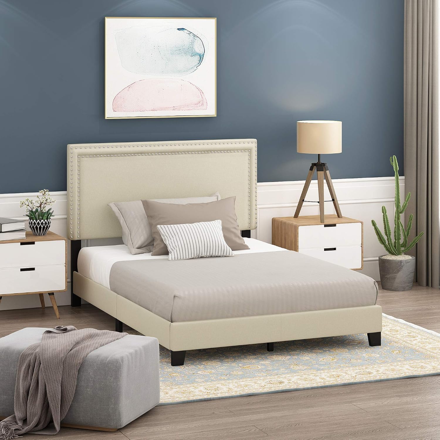 Furinno Laval Double Row Nail Head Upholstered Platform Bed Frame, Full, Linen