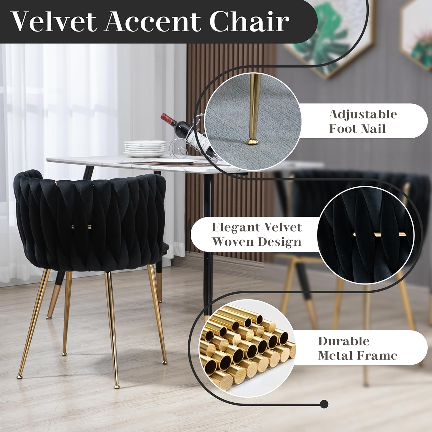 Modern Golden Round Dining Table Set, 36'' Clear Circle Glass Top Dinner Room Set, 3 PCS Luxury Circular Kitchen Table and Black Woven Chairs Set of 2, for Small Apartment Bedroom Leisure