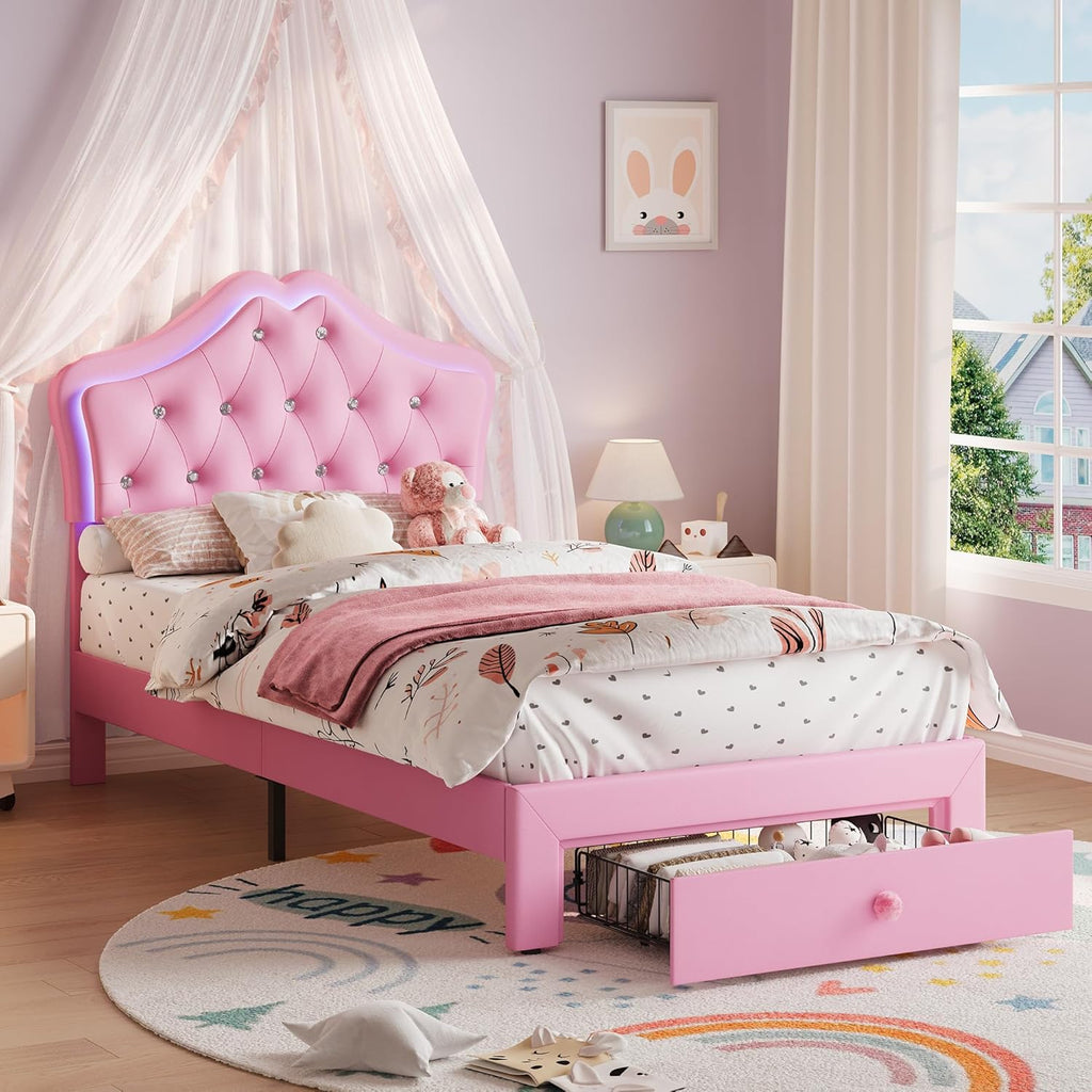 Garvee Twin Size Bed Frame with LED Lights & Velvet Crystal Button Headboard, Upholstered Princess/Girl Platform Bed with Storage Drawer, Noise Free, No Box Spring Needed for Kids, Teens, Pink