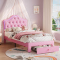 Garvee Twin Size Bed Frame with LED Lights & Velvet Crystal Button Headboard, Upholstered Princess/Girl Platform Bed with Storage Drawer, Noise Free, No Box Spring Needed for Kids, Teens, Pink