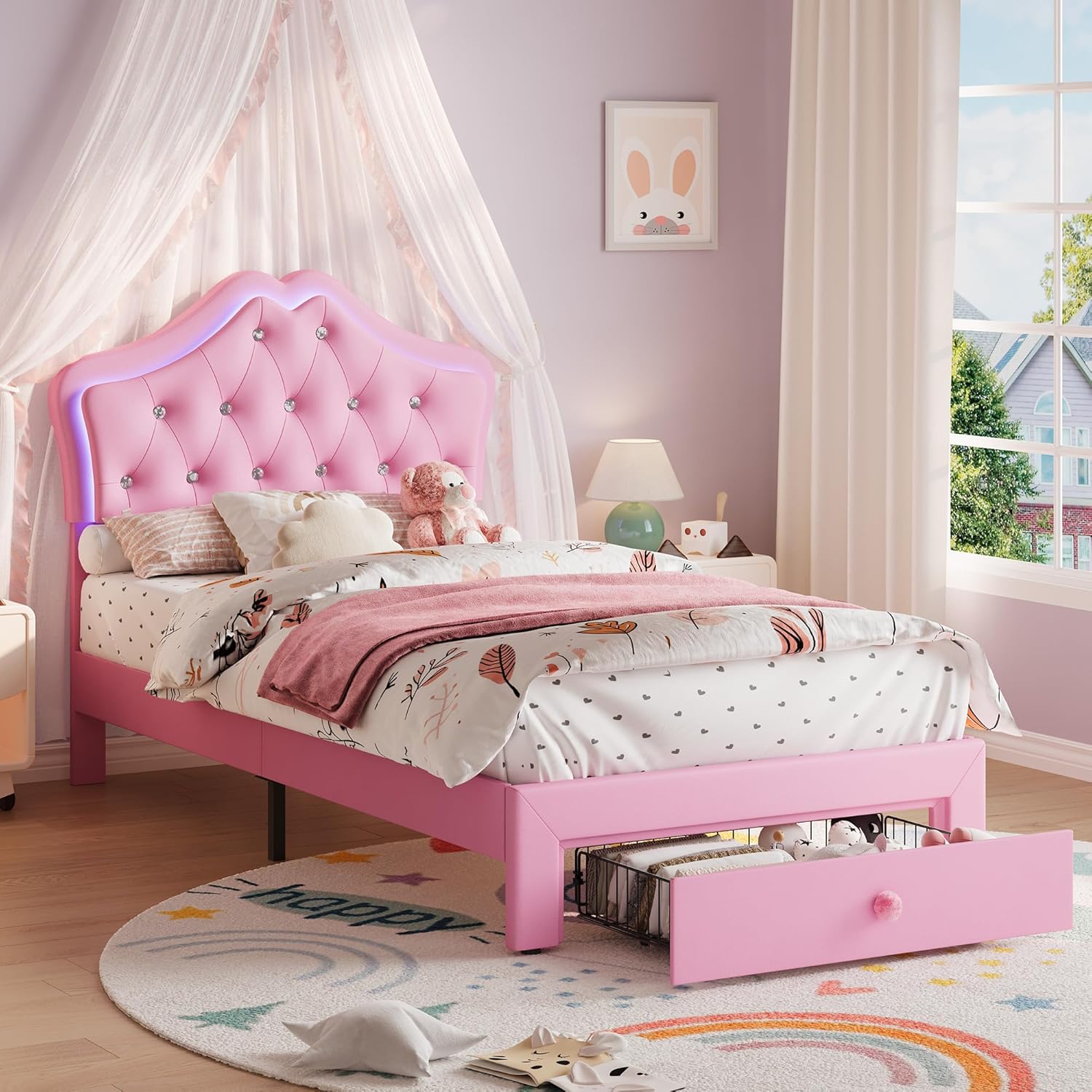 Garvee Twin Size Bed Frame with LED Lights & Velvet Crystal Button Headboard, Upholstered Princess/Girl Platform Bed with Storage Drawer, Noise Free, No Box Spring Needed for Kids, Teens, Pink
