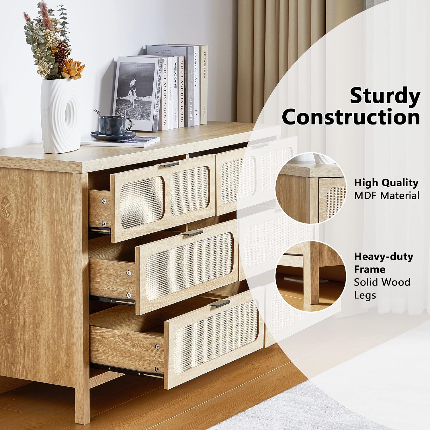 6 Drawer Dresser, Modern Rattan Dresser Chest with Wide Drawers and Metal Handles, Farmhouse Wood Storage Chest of Drawers for Bedroom, Living Room, Hallway, Entryway (Natural-6 Drawers)