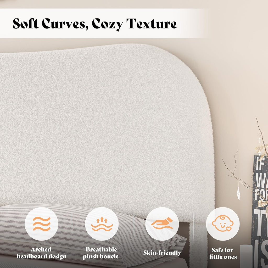 AMERLIFE Full Size Upholstered Boucle Bed Frame, Soft Cloud Platform Bed with Adjustable Headboard, Modern Design, Rounded Corners, Rubberwood Legs, No Box Spring Needed, Easy Assembly, Cream