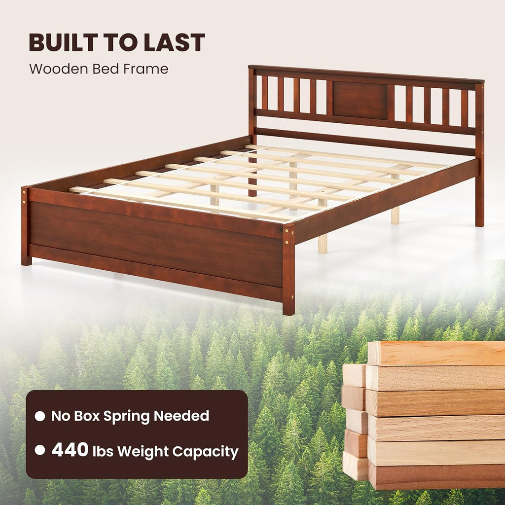 Giantex Queen Size Solid Wood Platform Bed Frame, Mid Century Queen Bed Frame with Headboard, Wood Slat Support, Panel Bed, No Box Spring Needed, Easy Assembly, Walnut