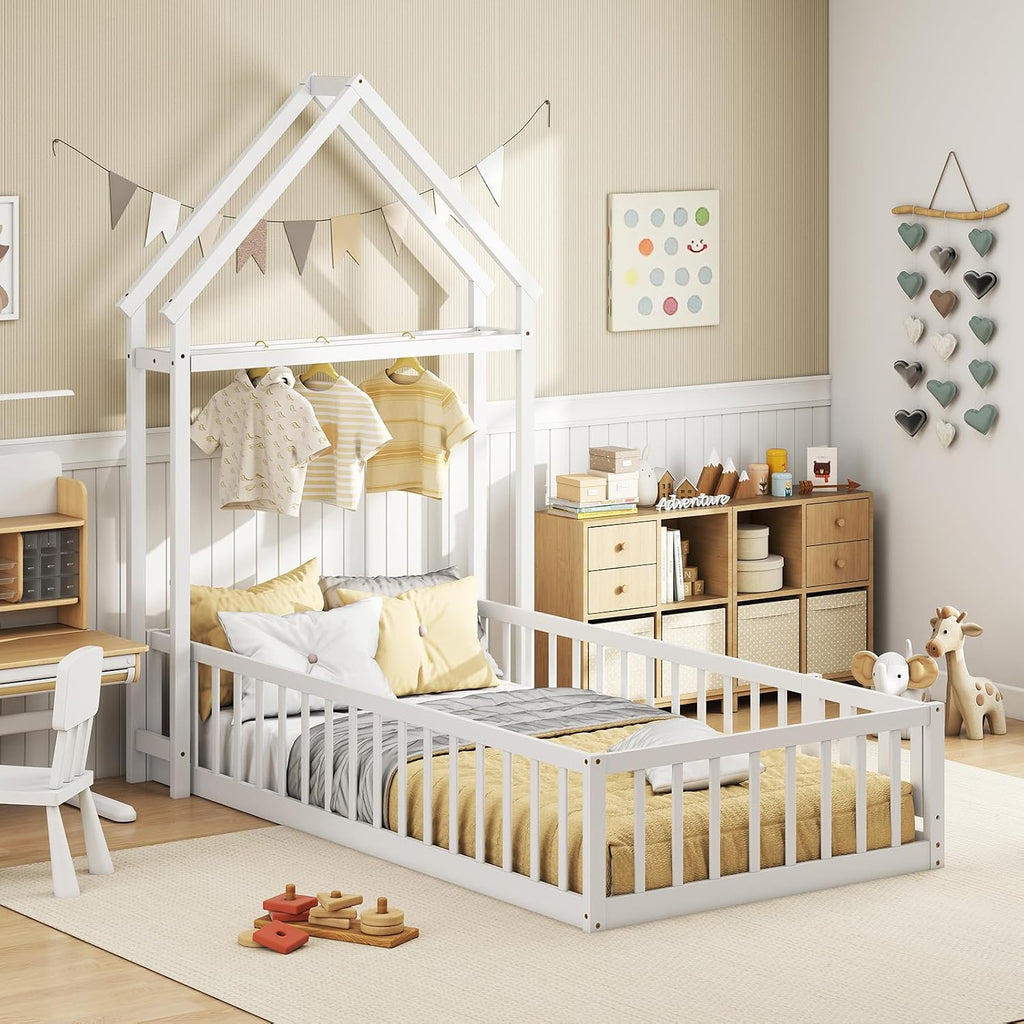 KOMFOTT Twin Size Floor Bed with House-Shaped Headboard, Kids Montessori Floor Bed with Detachable Clothes Hanger, Full Length Safety Guardrails, Door & Latch, Solid Wood Floor Bed Frame
